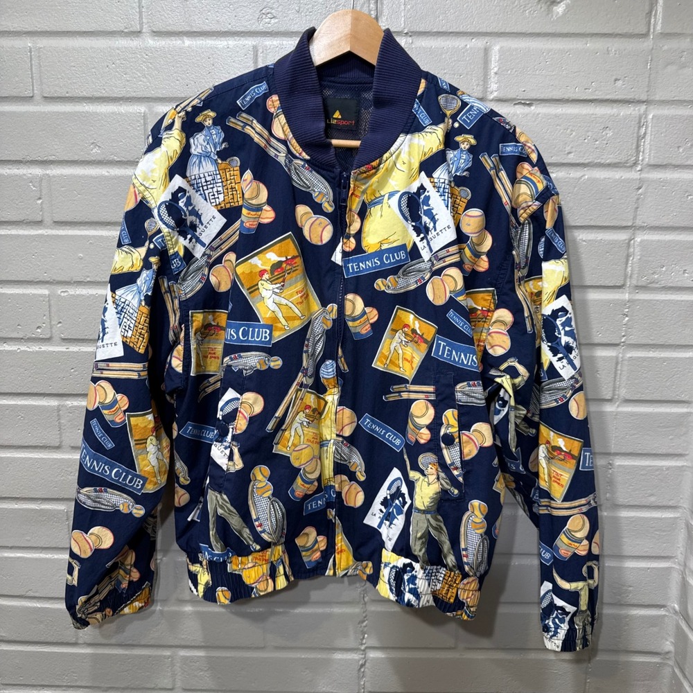 Lizsport Vintage Tennis Club Print Bomber Jacket Navy Blue Cotton Mesh Lining M